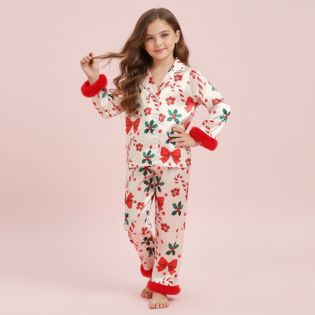 Christmas Magic Pajamas with Candy Cane & Holly Details