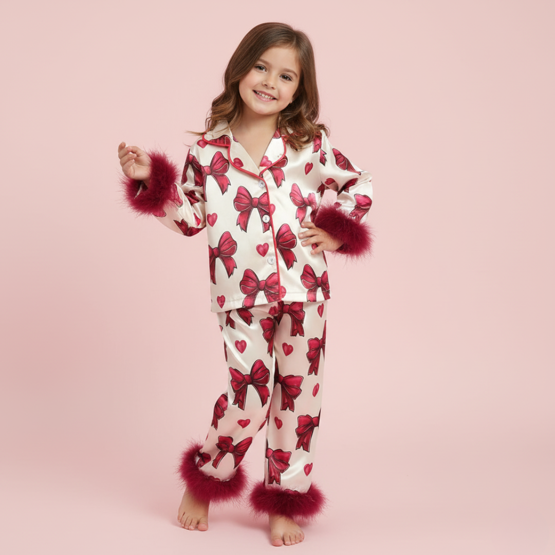 Satin Pajamas with Bow and Heart