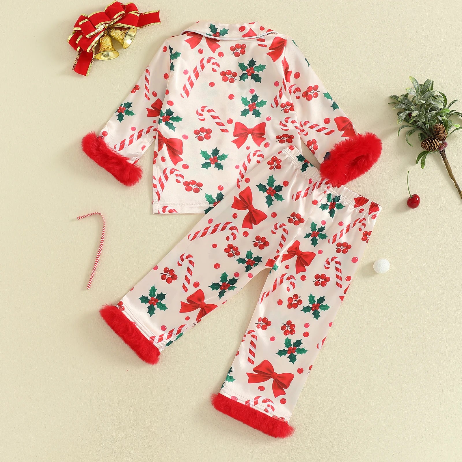 Christmas Magic Pajamas with Candy Cane & Holly Details