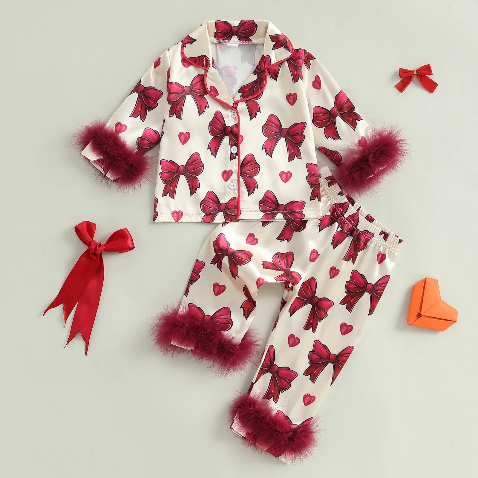 Satin Pajamas with Bow and Heart