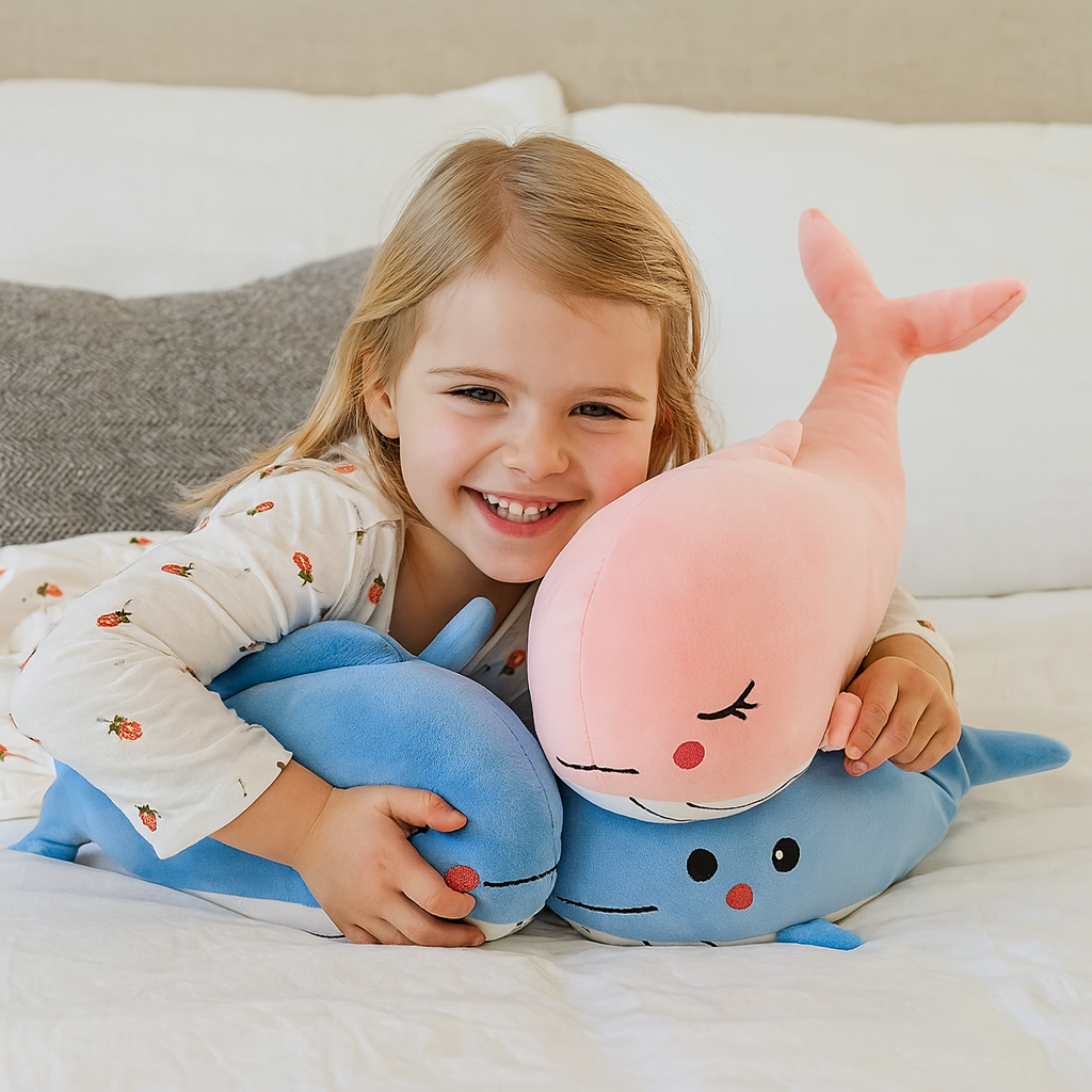 Whale Plush Cushion – Blue & Pink