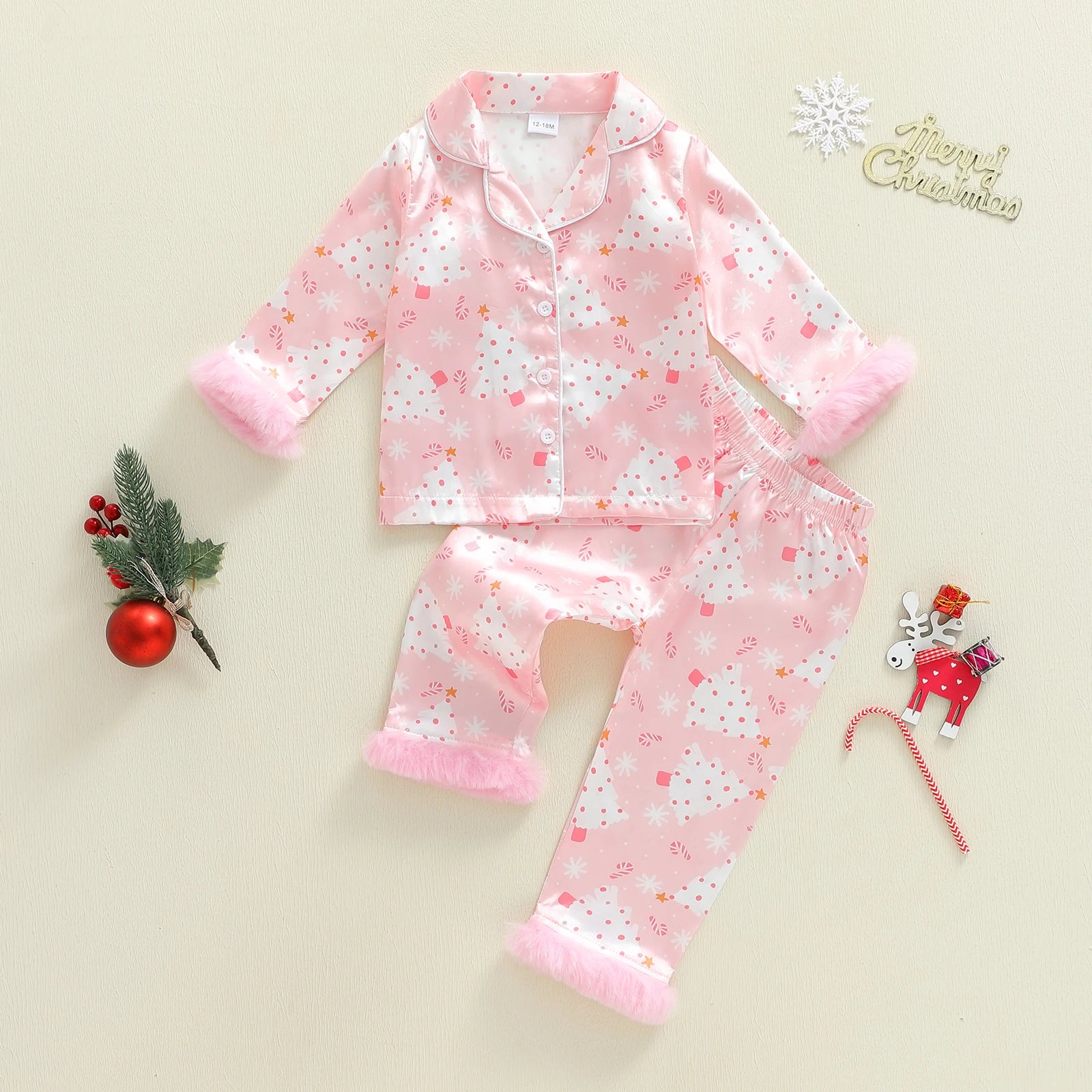 Pink Christmas Pajamas with fur cuffs