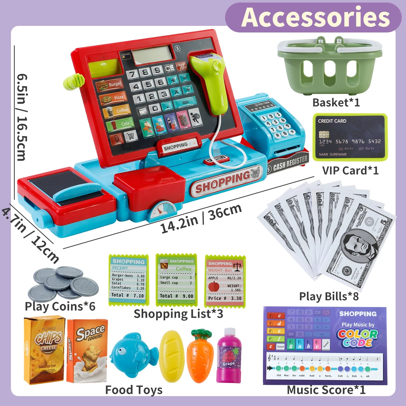 Electronic Cash Register Toy with Scanner, Calculator & Shopping Accessories