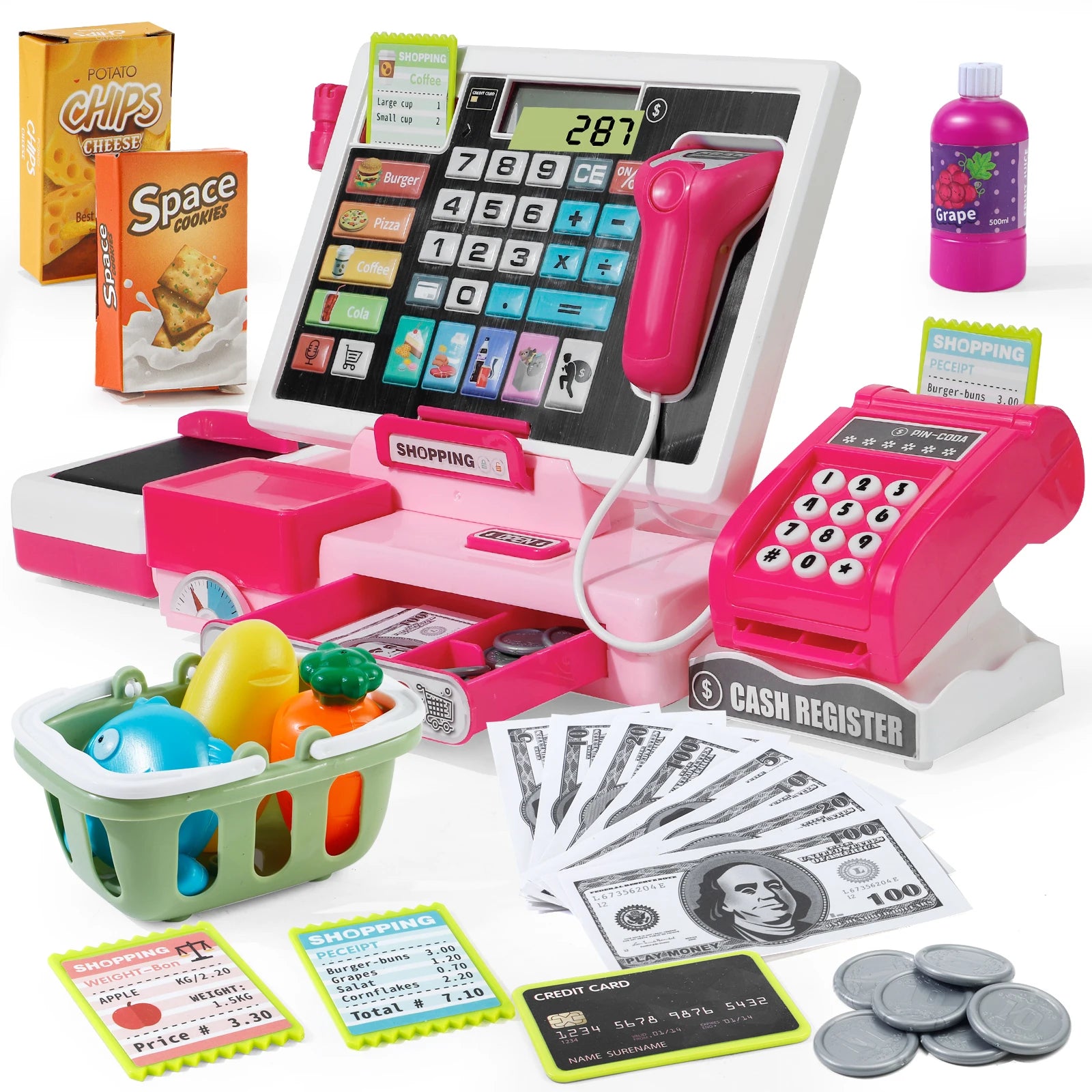 Electronic Cash Register Toy with Scanner, Calculator & Shopping Accessories