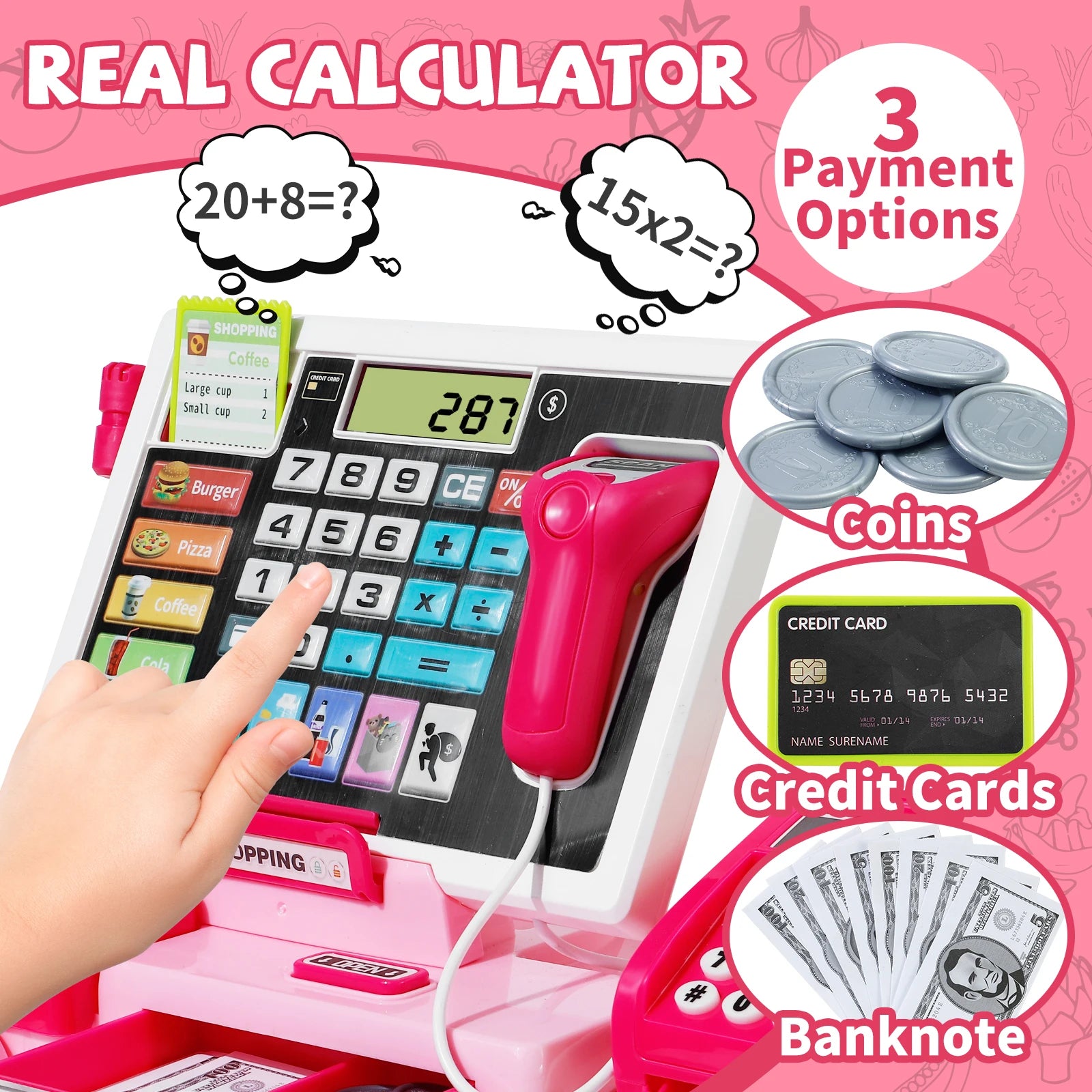 Electronic Cash Register Toy with Scanner, Calculator & Shopping Accessories