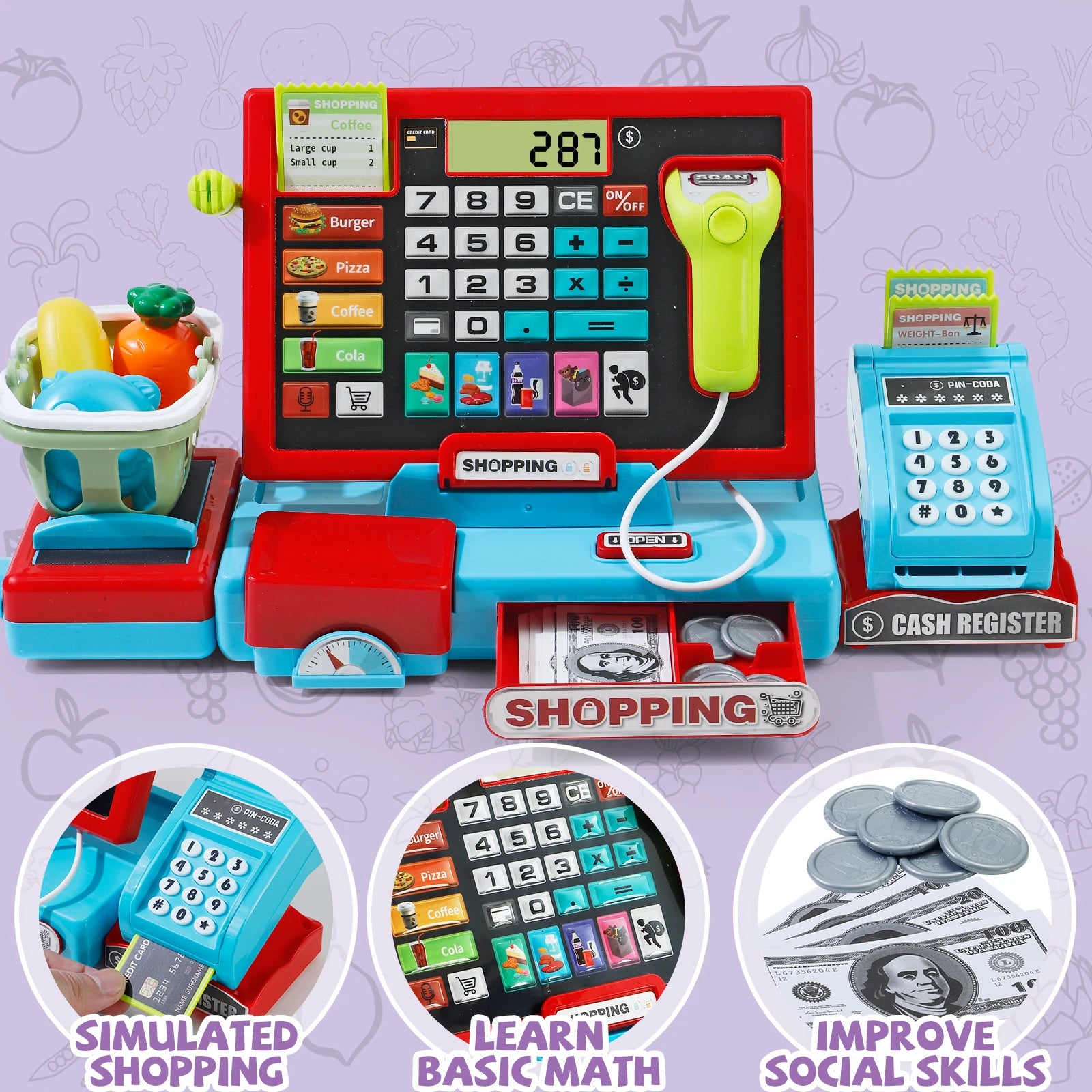 Electronic Cash Register Toy with Scanner, Calculator & Shopping Accessories