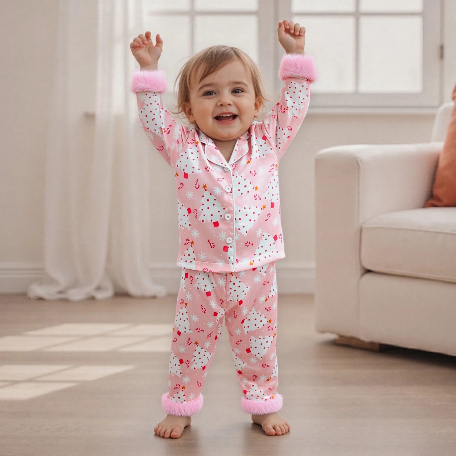 Pink Christmas Pajamas with fur cuffs