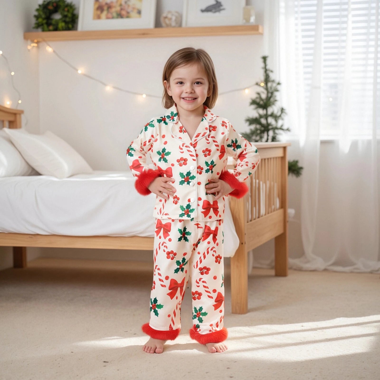 Christmas Magic Pajamas with Candy Cane & Holly Details
