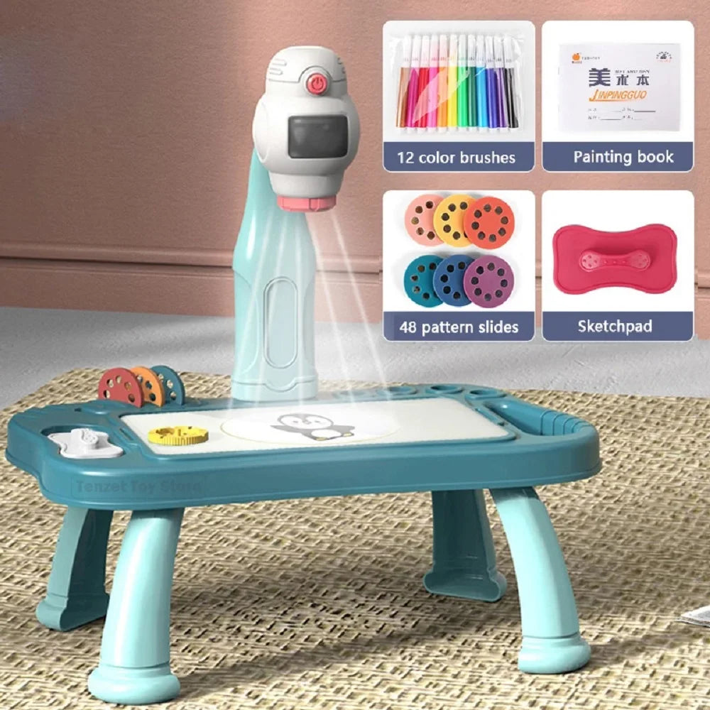Kids Projector Drawing Table with 48 Patterns, 12 Markers & Sketchpad
