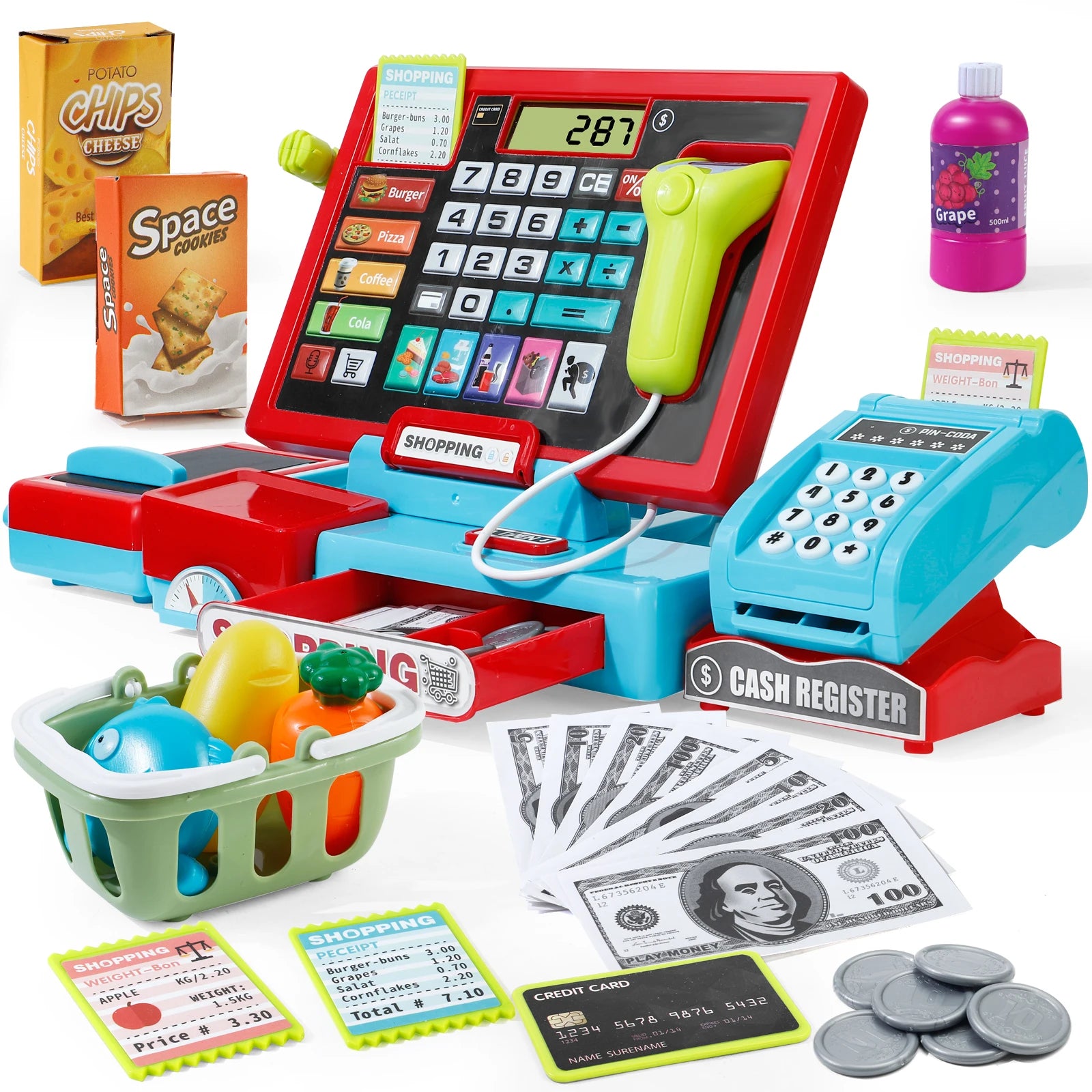Electronic Cash Register Toy with Scanner, Calculator & Shopping Accessories