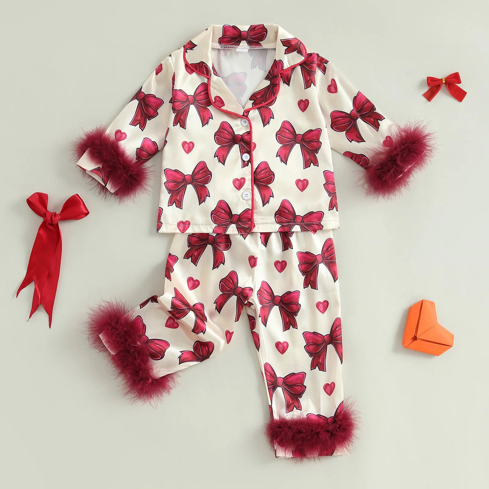Satin Pajamas with Bow and Heart
