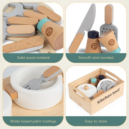 Wooden Kitchen Playset – Fruits, Vegetables, Bakery & Cooking Tools
